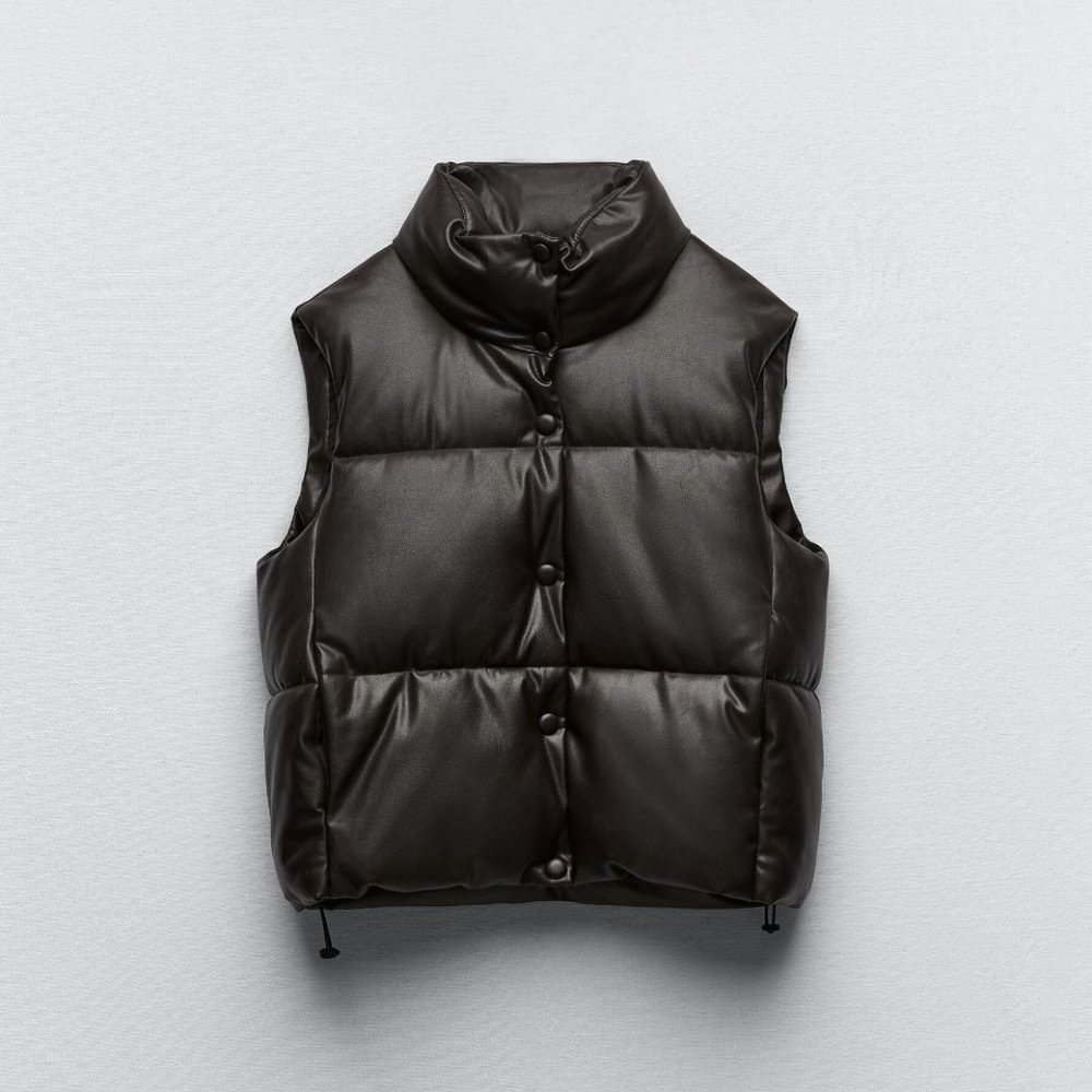 *NEW WITH TAGS - Zara faux leather puffer vest brown size XS